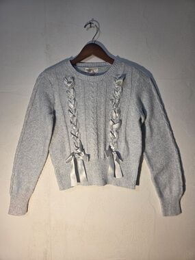 FORWARD Young Contemporary Blue Ribbon Cable Knit Sweater Bows Women’s Small S
